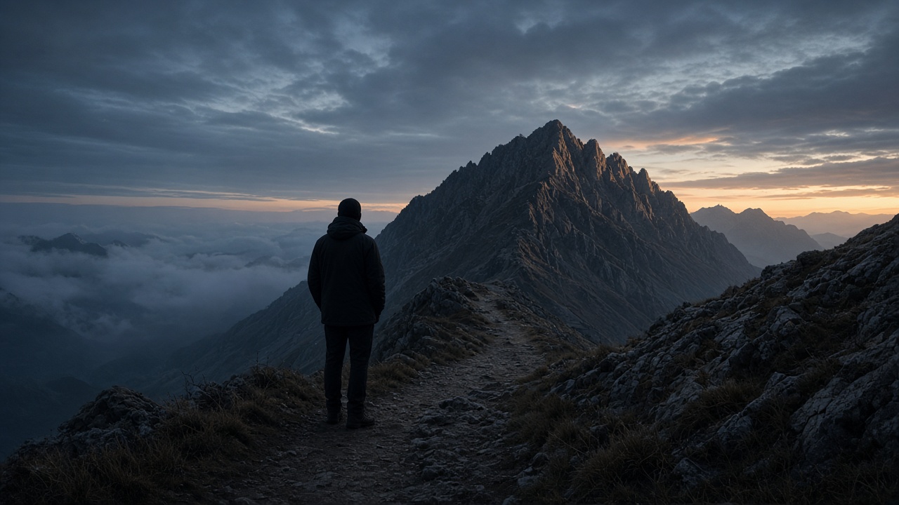 Silhouette on a mountain trail at dawn choosing ascent over a settled valley below