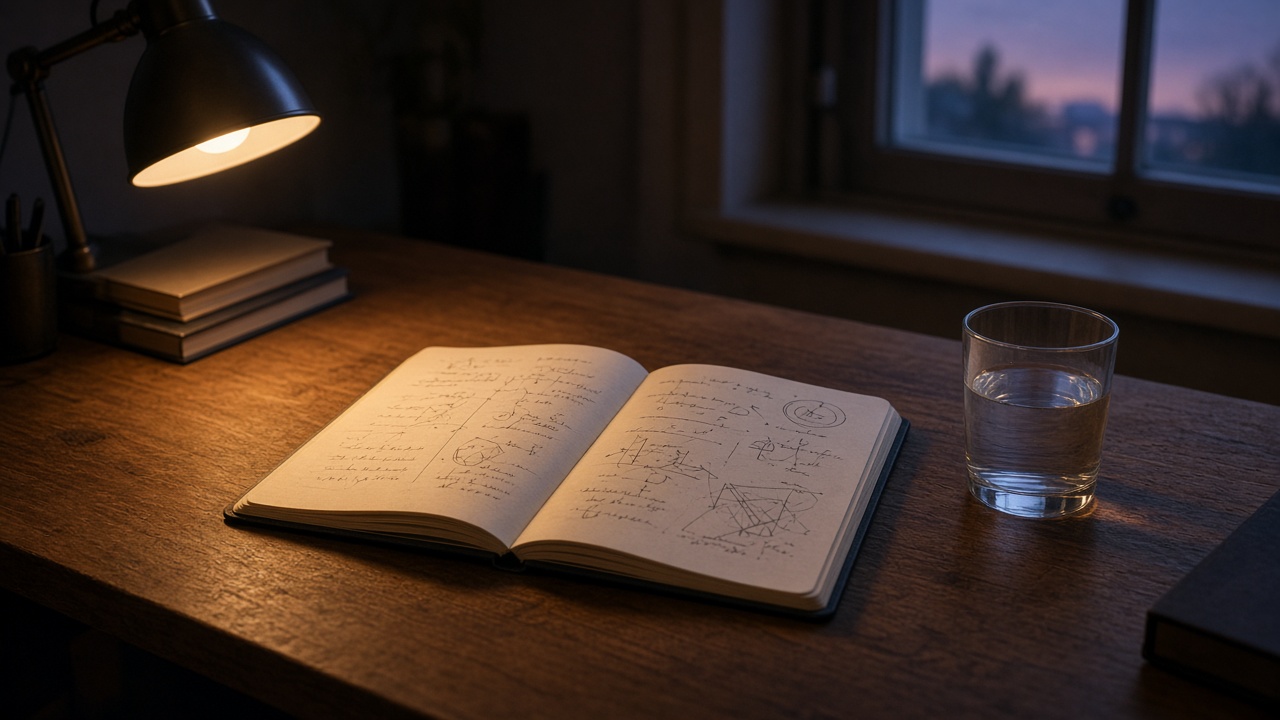 Warm desk at dusk with a lamp and notebook — quiet focus after diverting from overthinking