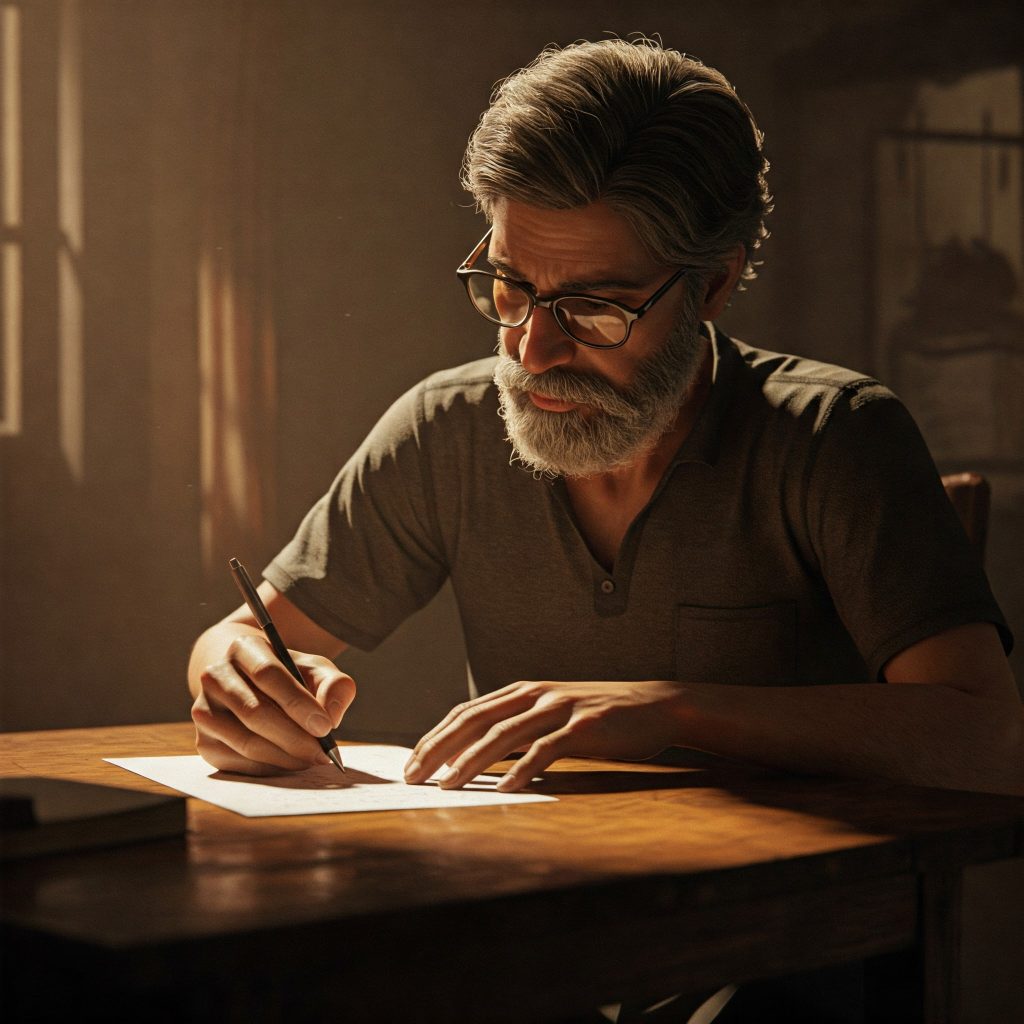 A gifted grown-up at his desk — writing, thinking