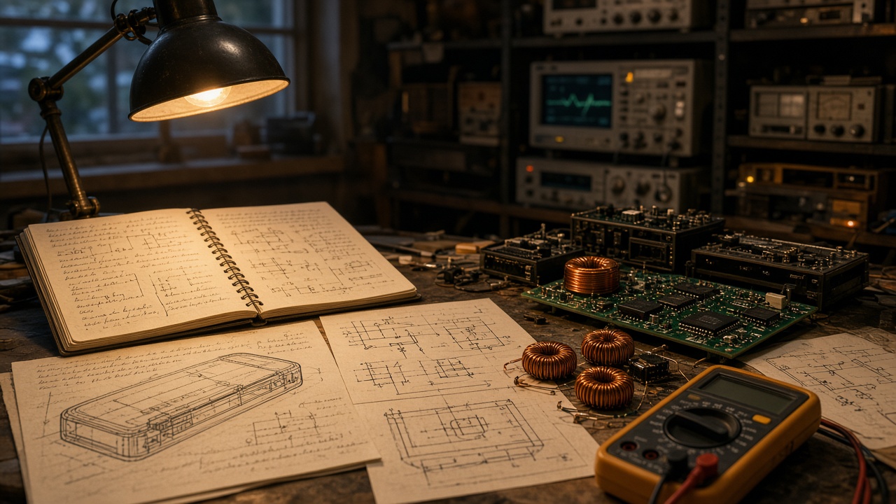 Workbench with circuit prototypes, transformer coils, and schematic sketches