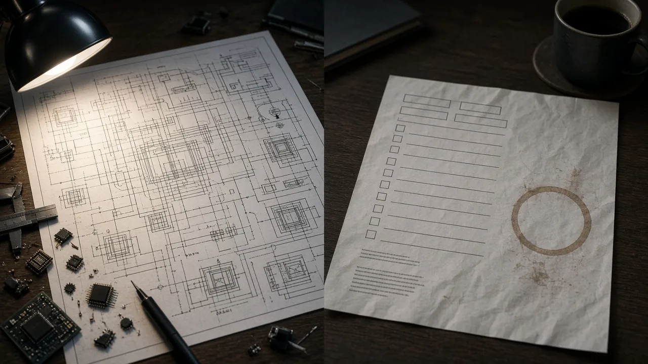 Split composition: intricate technical schematic on one side, blank neglected form on the other