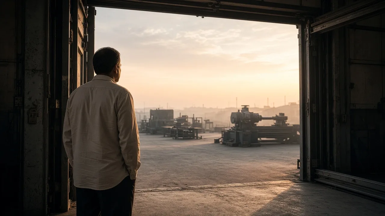 Open industrial doorway at dawn — release and beginning again after letting go