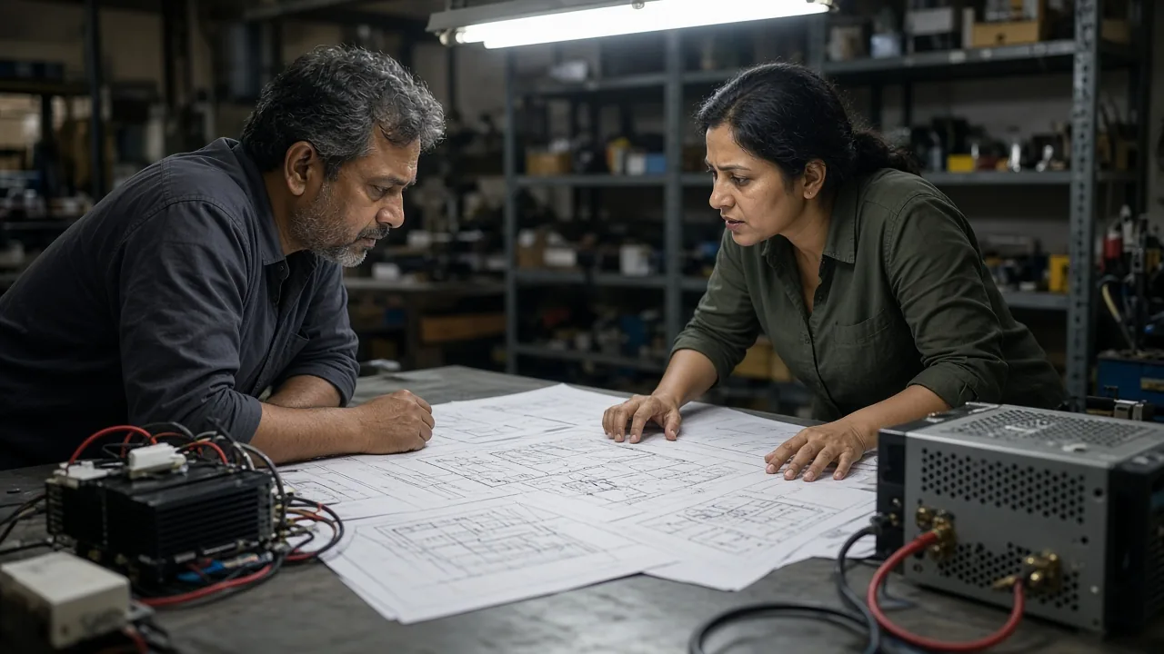 Workshop में industrial blueprint table पर तीखी चर्चा